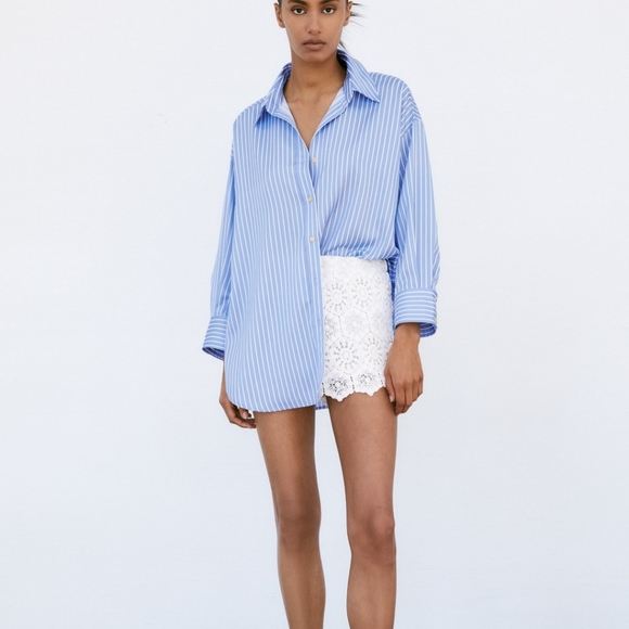 Zara Blue White Stripe Top 3/4 Sleeve With Gold Oversized Button Down Size XS - Picture 5 of 17